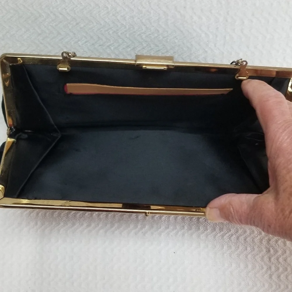 Antique HL U.S.A Black velvet satin Clutch Purse with Goldtone chain.